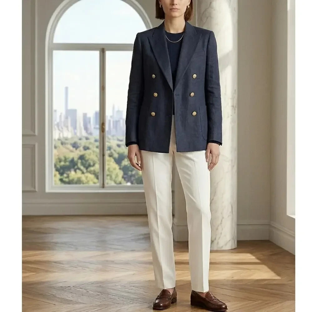 Lauren Ralph Lauren 100% Linen Blazer Women’s 10P Navy Double Breasted Petite